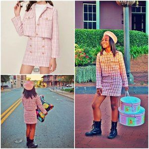 Pink/Gold Button Detailed Tweed Jacket & Skirt 2 pc suit